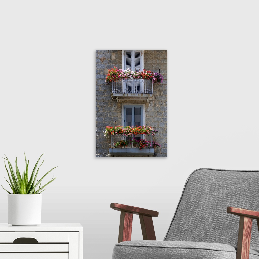 A modern room featuring France, Corsica, Flower Boxes On Window Balconies, House In Sartene