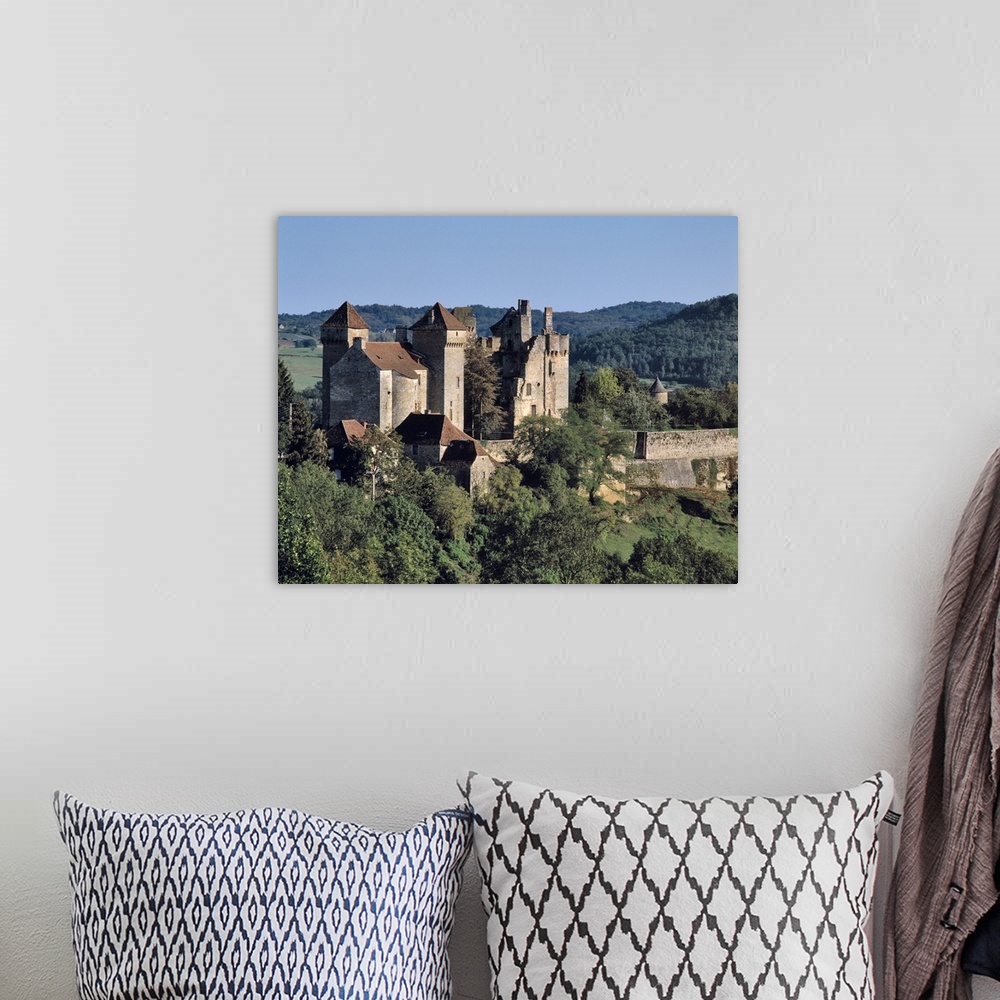 A bohemian room featuring Europe, France, Curemonte. The towers of Curemonte Castle catch the late afternoon light in the L...