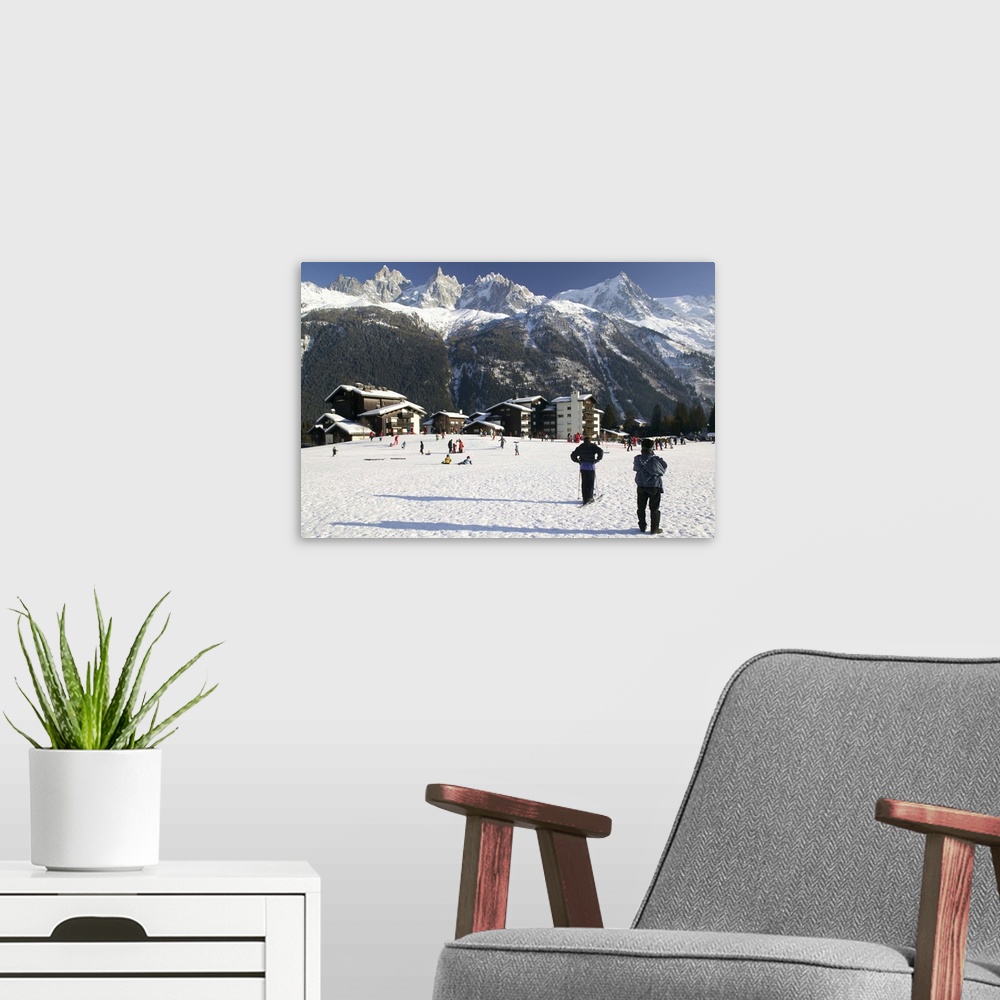 A modern room featuring France, French Alps, Chamonix, Mont, Blanc, Skiers And Panorama Of Mountains