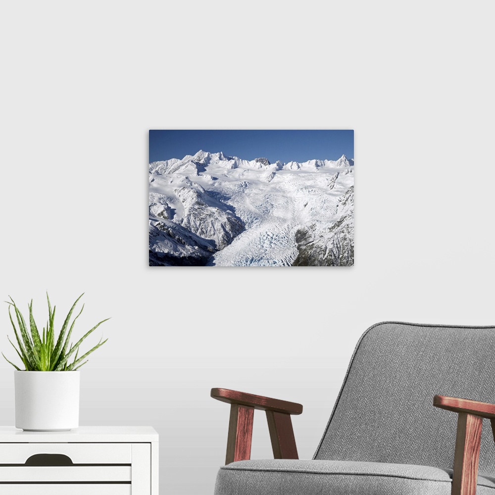 A modern room featuring Franz Josef Glacier, West Coast, South Island, New Zealand - aerial