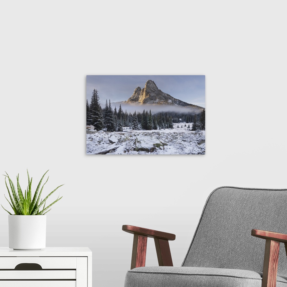 A modern room featuring Fresh autumn snow on liberty bell mountain and meadows of Washington state pass. North cascades, ...