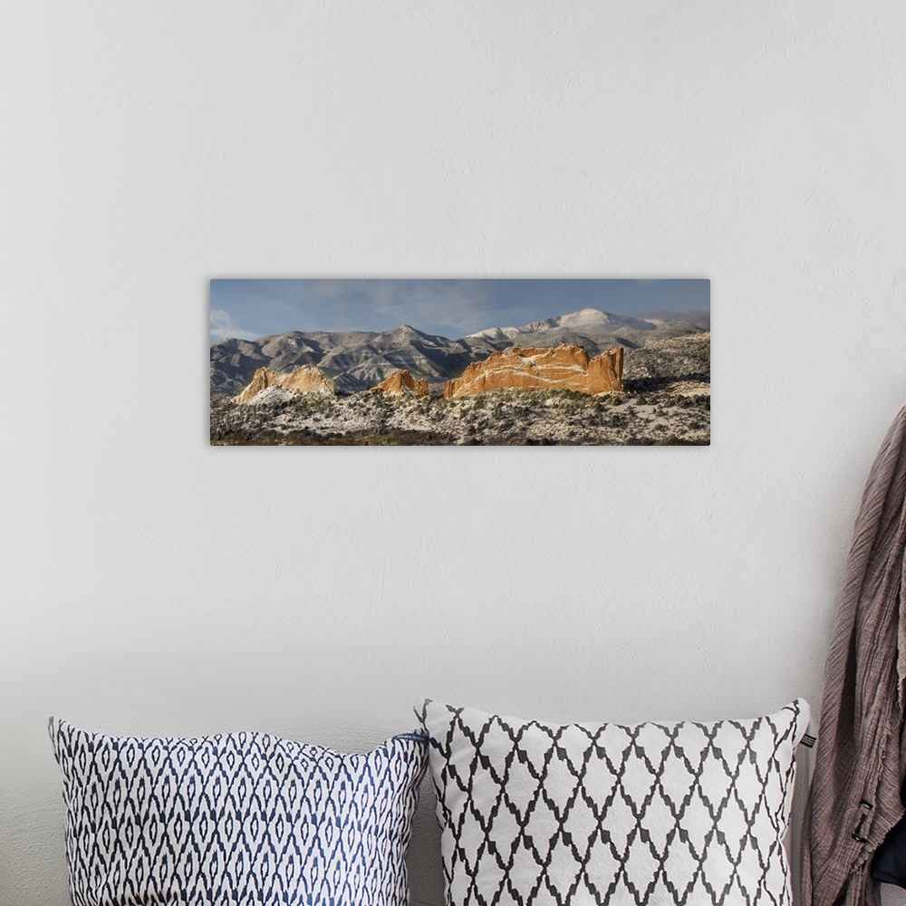 A bohemian room featuring USA, North America, Colorado. Garden Of The Gods, Panoramic Of Fresh Snow On Pikes Peak And Sands...