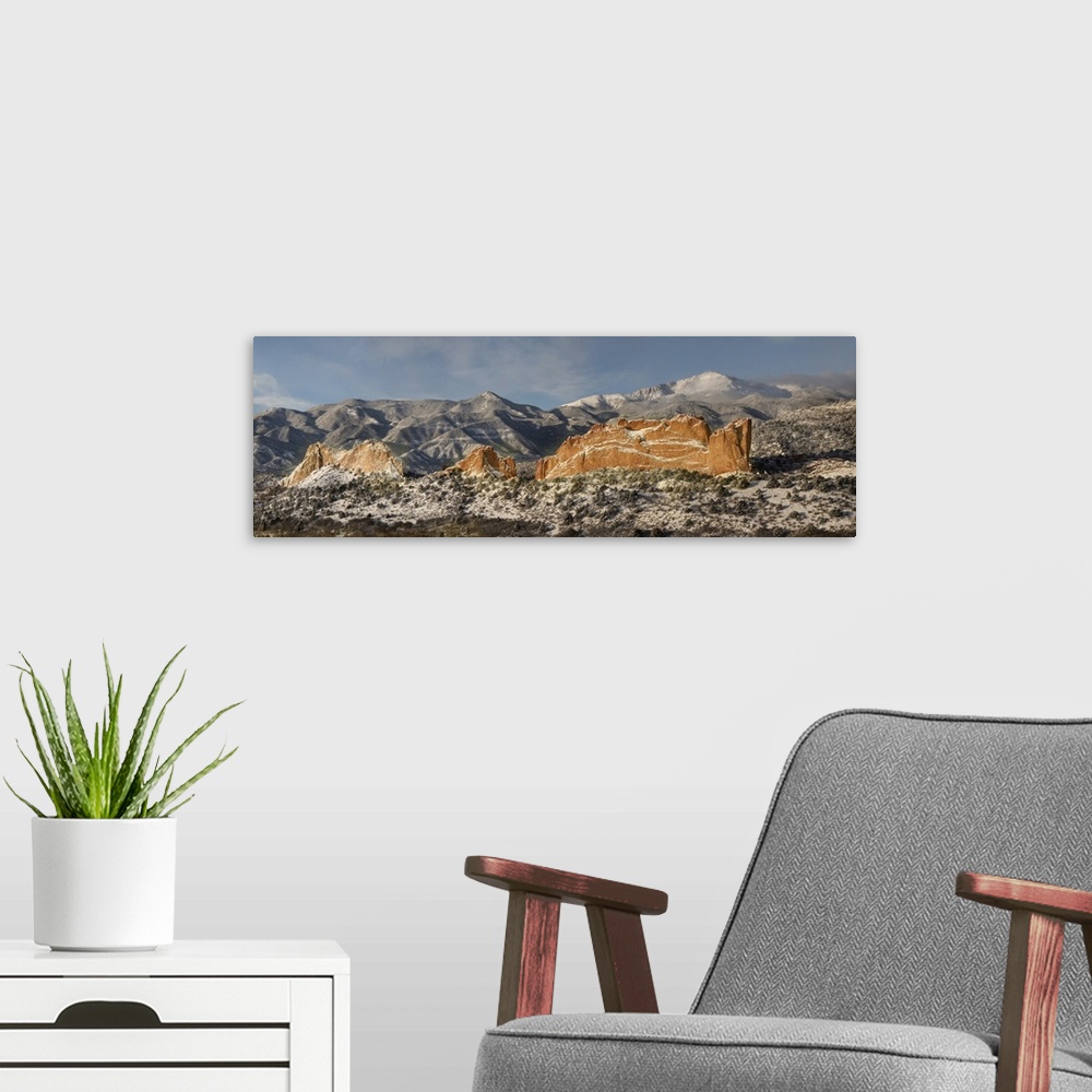 A modern room featuring USA, North America, Colorado. Garden Of The Gods, Panoramic Of Fresh Snow On Pikes Peak And Sands...