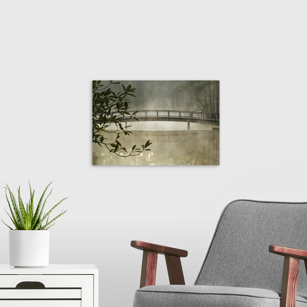 A modern room featuring USA, Georgia, Callaway Gardens, Pond in fog with bridge.  com.