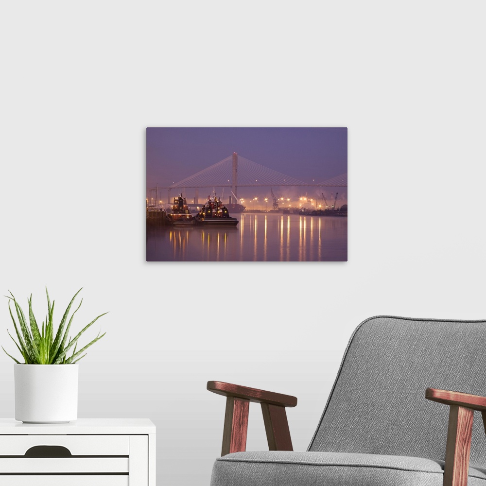 A modern room featuring USA, Georgia, Savannah, Tugboats and bridge at dawn along the Savannah River.