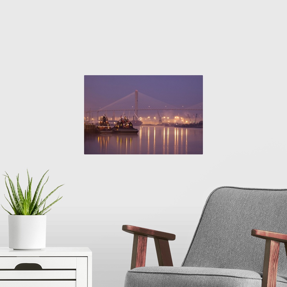A modern room featuring USA, Georgia, Savannah, Tugboats and bridge at dawn along the Savannah River.