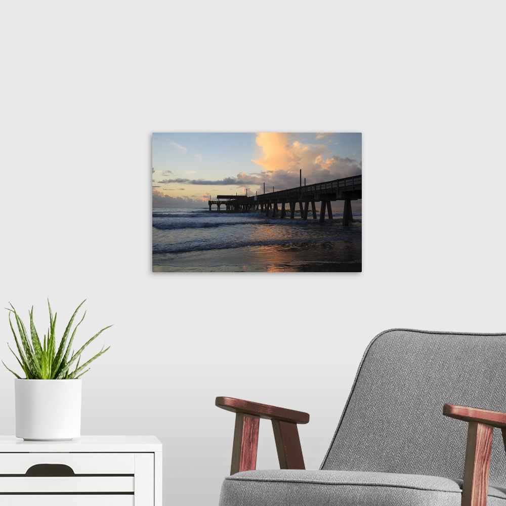 A modern room featuring USA, Georgia, Tybee Island, Tybee Pier at sunrise.
