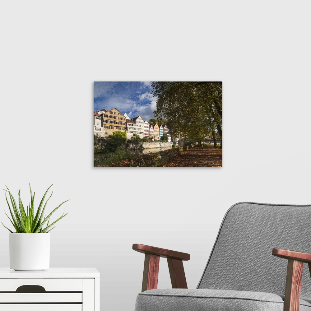A modern room featuring Germany, Baden-Wurttemburg, Tubingen, old town buildings along the Neckar River.