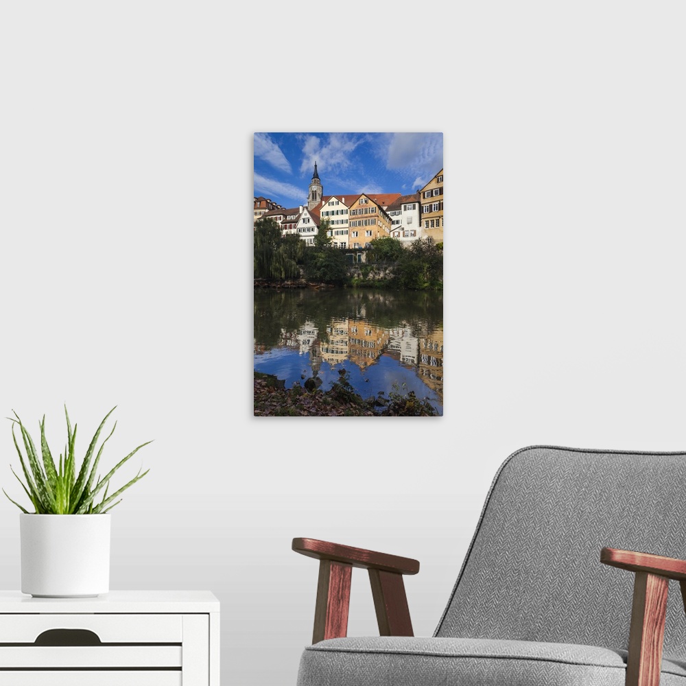 A modern room featuring Germany, Baden-Wurttemburg, Tubingen, old town buildings along the Neckar River.