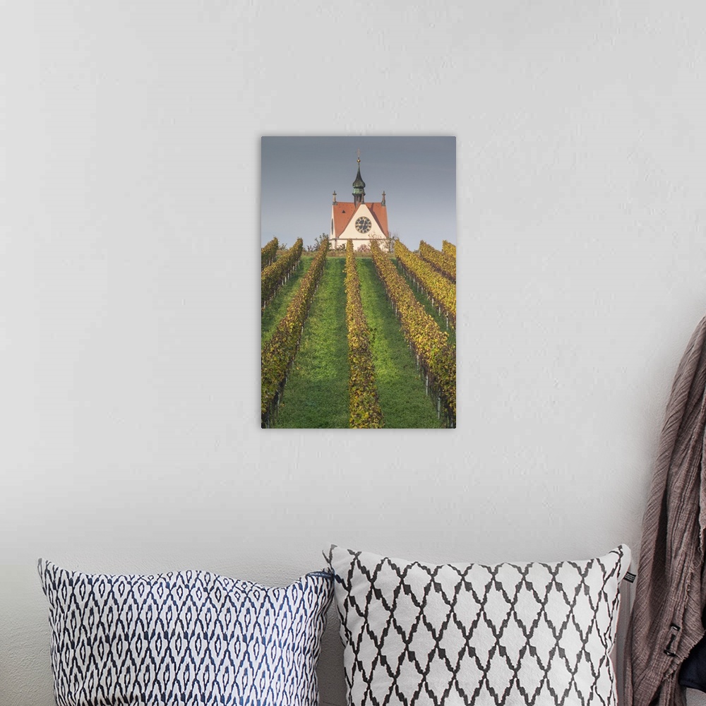 A bohemian room featuring Germany, Baden-Wurttemburg, Kaiserstuhl Area, Endingen, view of Peterskirche church and vineyards.