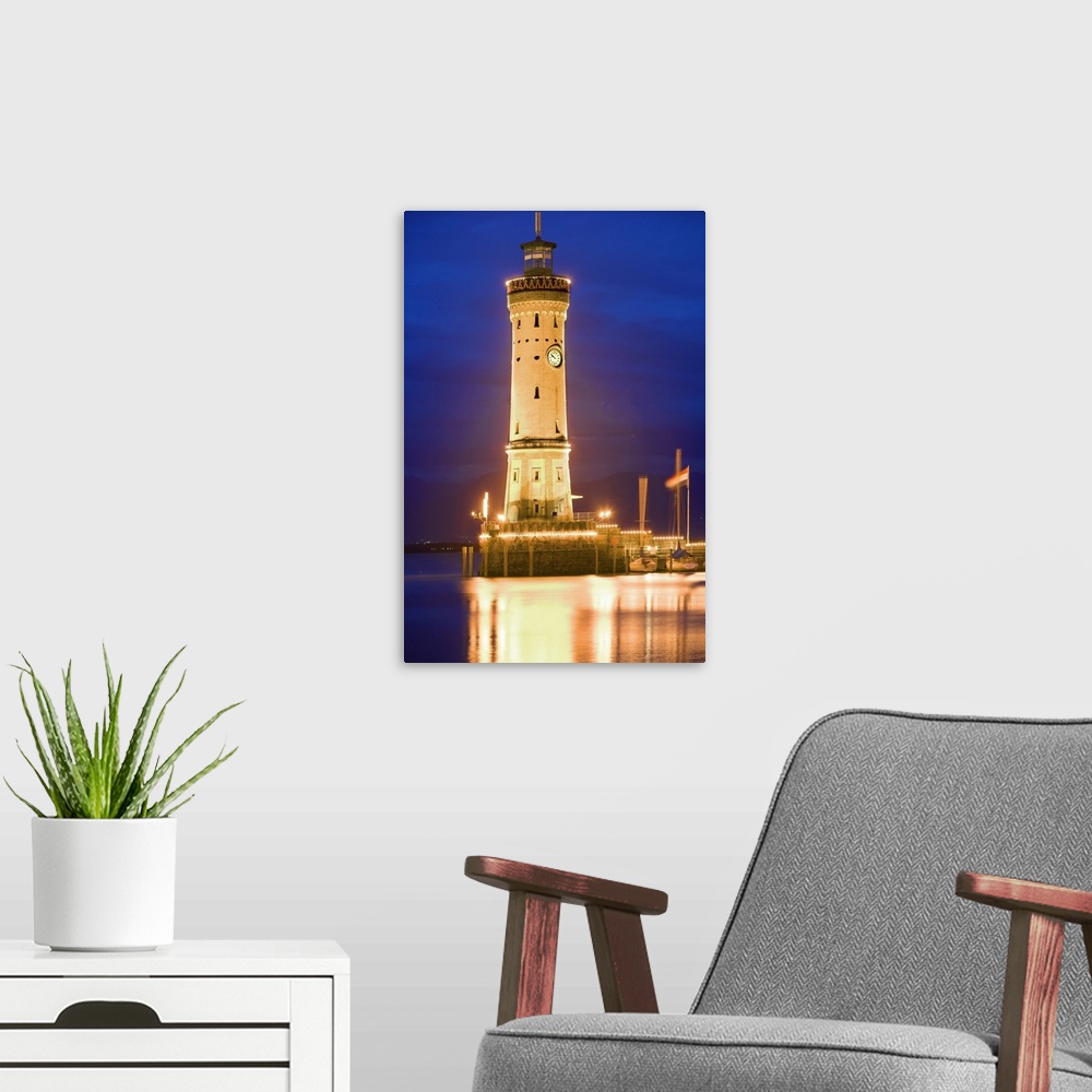 A modern room featuring Germany, Lake Constance, View of lighthouse on Lindau Island at sunset
