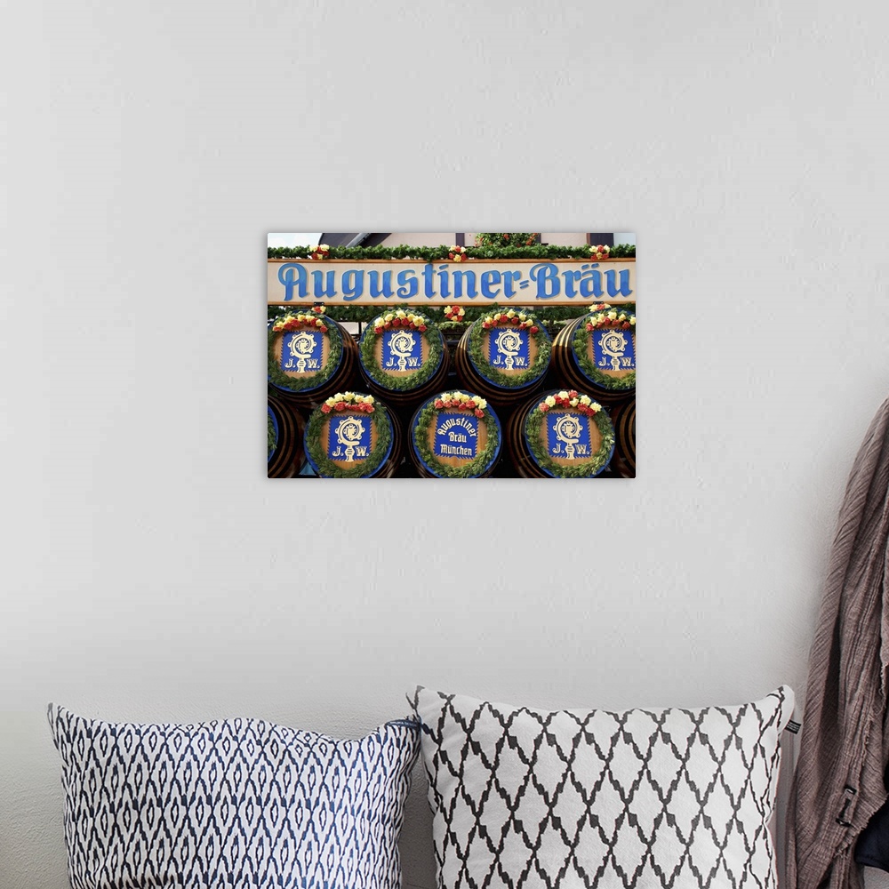 A bohemian room featuring Germany, Munich, Decorated barrels of beer at Oktoberfest celebration