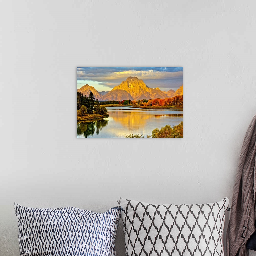 A bohemian room featuring golden sunrise, Oxbow, Grand Teton National Park, Wyoming, USA