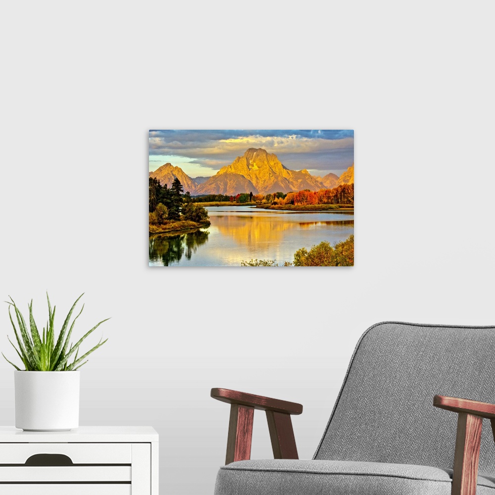 A modern room featuring golden sunrise, Oxbow, Grand Teton National Park, Wyoming, USA