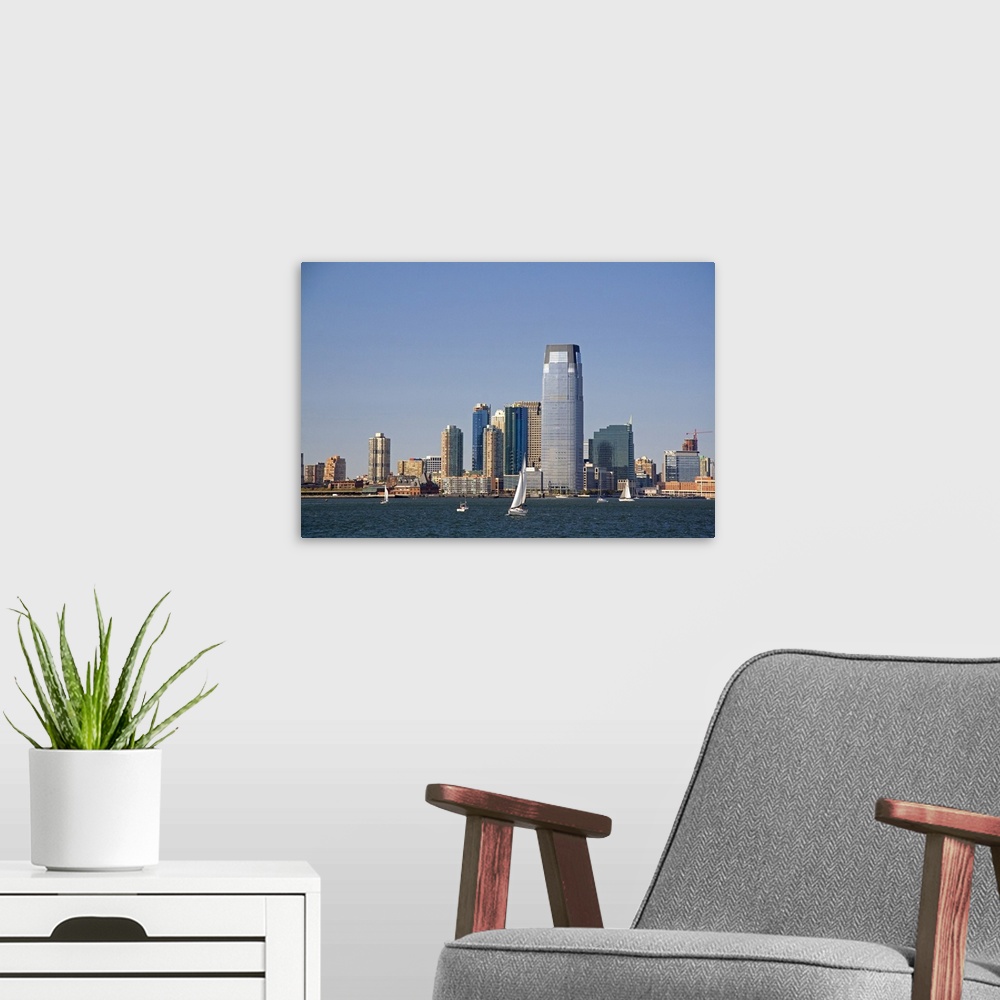 A modern room featuring Goldman Sachs Tower in Jersey City, New Jersey, USA.