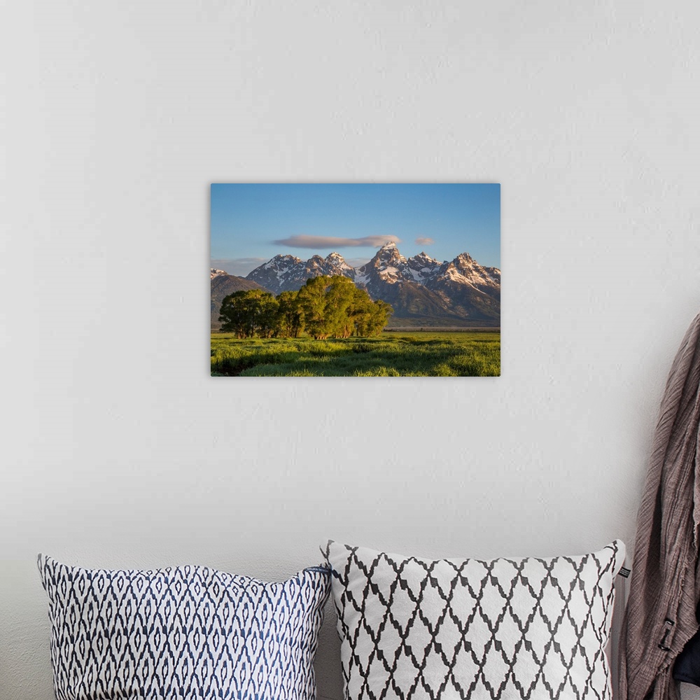 A bohemian room featuring USA, Wyoming, Grand Teton National Park, a small cloud hits the top of the Grand Teton in the spr...