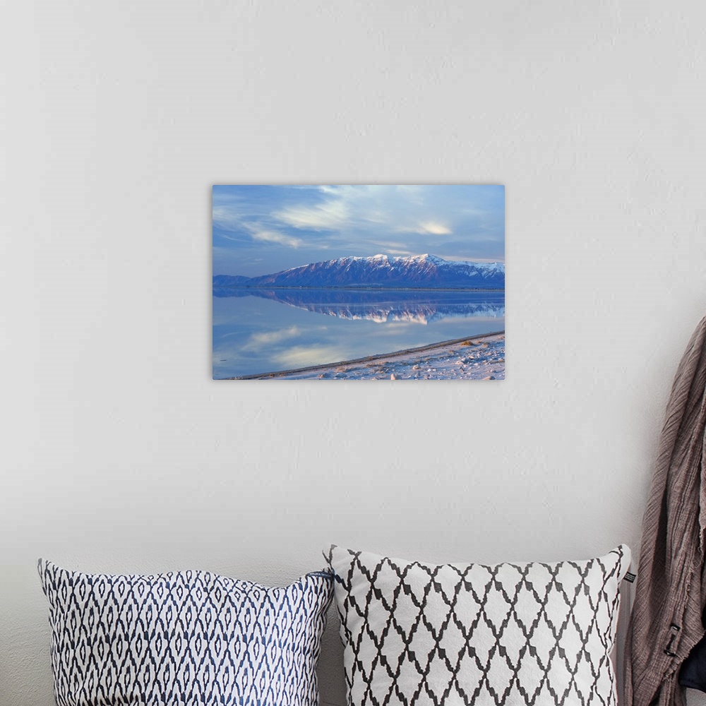 A bohemian room featuring View from Antelope Island Causeway at sunset of Great Salt Lake and Northern Wasatch Mountains in...