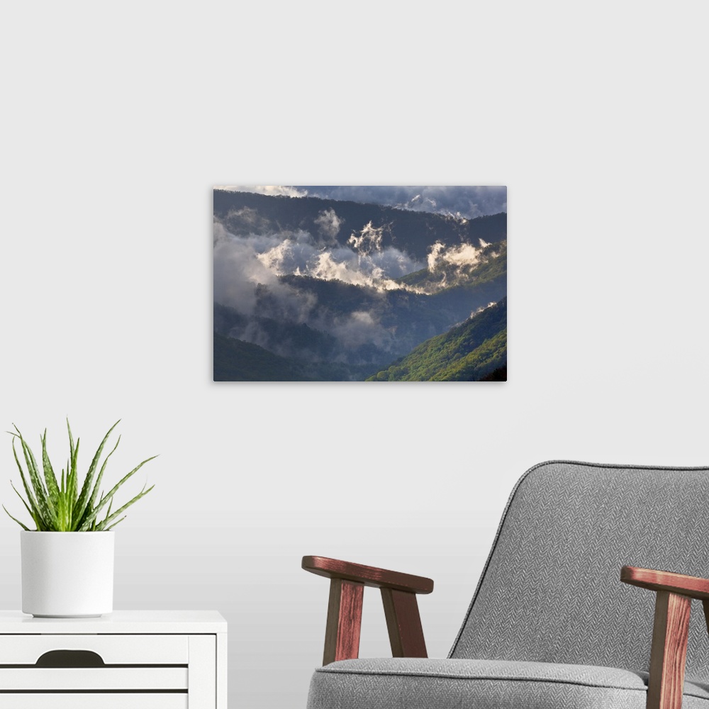 A modern room featuring Clouds in Oconaluftee Valley at sunrise, Great Smoky Mountains National Park, North Carolina