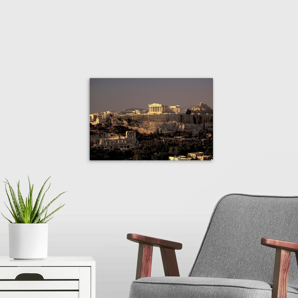 A modern room featuring Europe, Greece, Athens.The Acropolis; Parthenon from Filopapou Hill, dusk