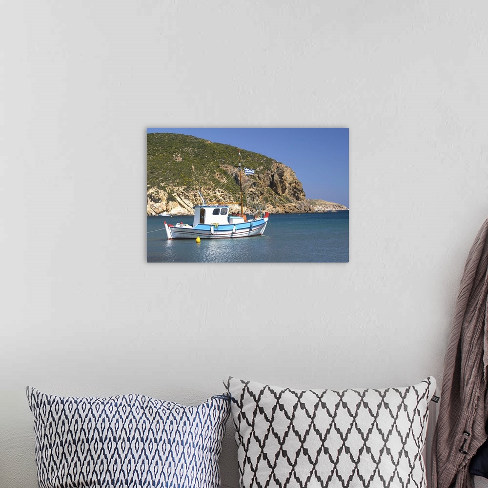A bohemian room featuring GREECE-Dodecanese Islands-PATMOS-Agriolivadi Bay: Small Boat on Agriolivadi Bay
