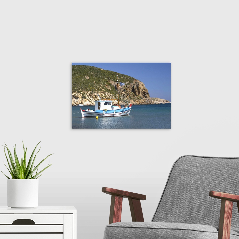A modern room featuring GREECE-Dodecanese Islands-PATMOS-Agriolivadi Bay: Small Boat on Agriolivadi Bay