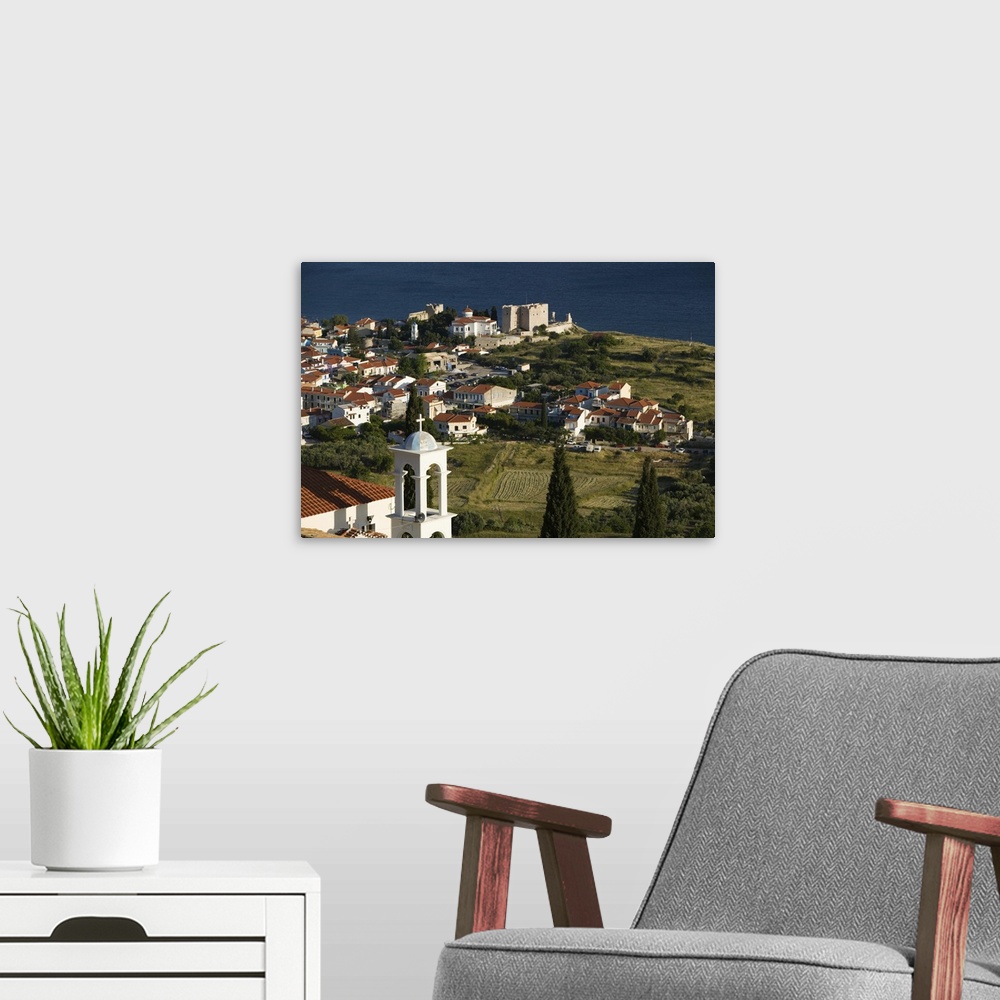 A modern room featuring GREECE-Northeastern Aegean Islands-SAMOS-Pythagorio: Town View with Belltower of the Moni Panagia...