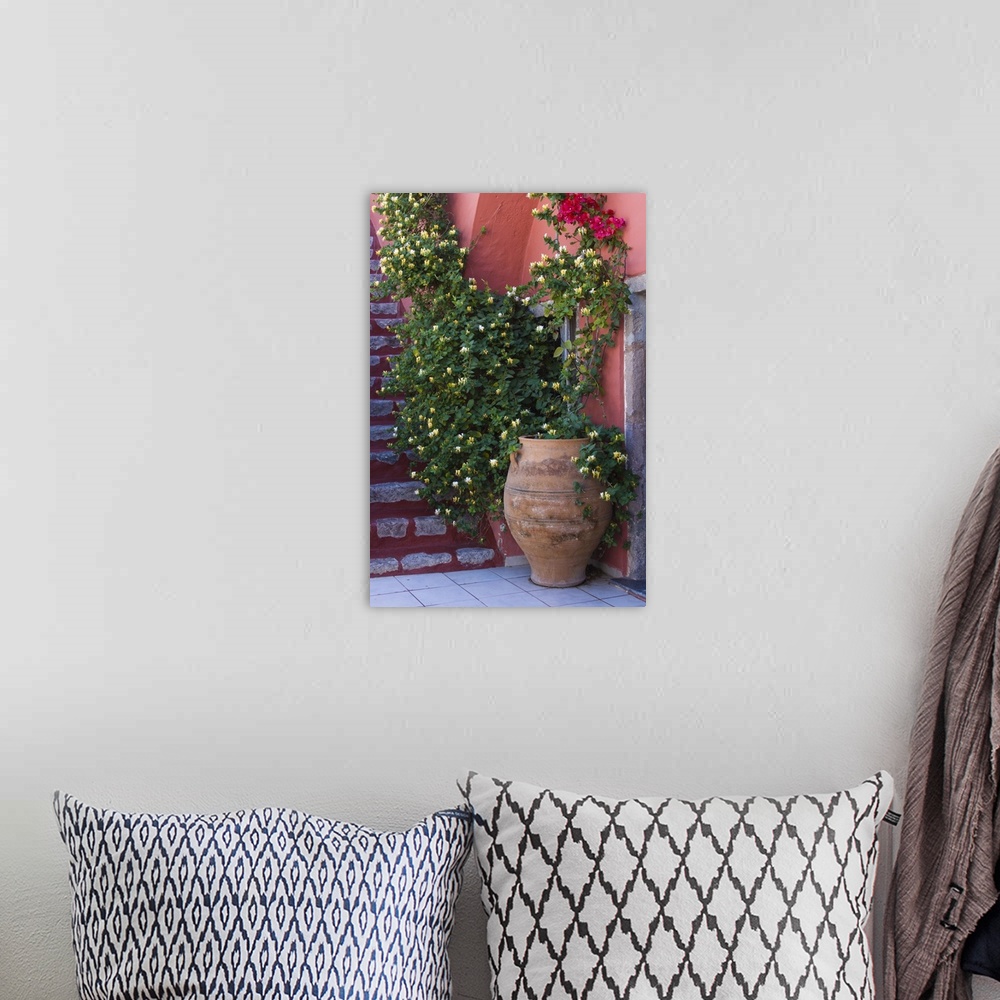 A bohemian room featuring Europe, Greece, Santorini. Large pot with honeysuckle vine growing up pink wall next to red stair...