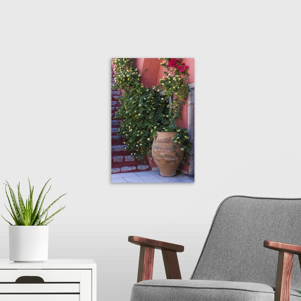 A modern room featuring Europe, Greece, Santorini. Large pot with honeysuckle vine growing up pink wall next to red stair...