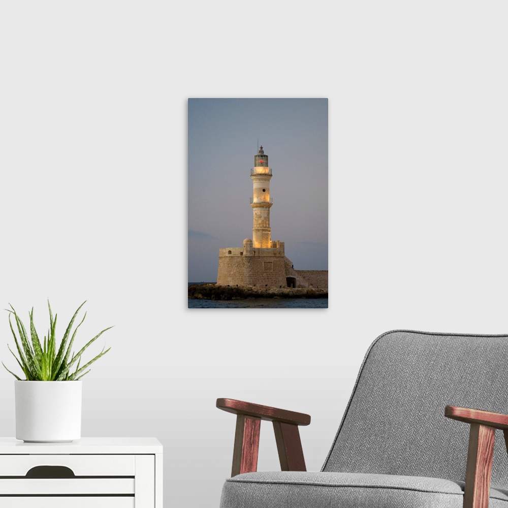 A modern room featuring Greek Island of Crete and old town of Chania  with Venetian Lighthouse along the old harbor