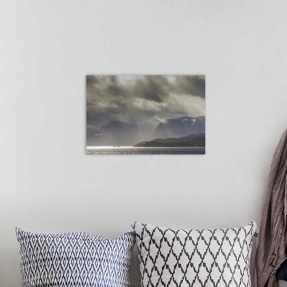 A bohemian room featuring Greenland, Kangerlussuaq. Low clouds over the fjord.