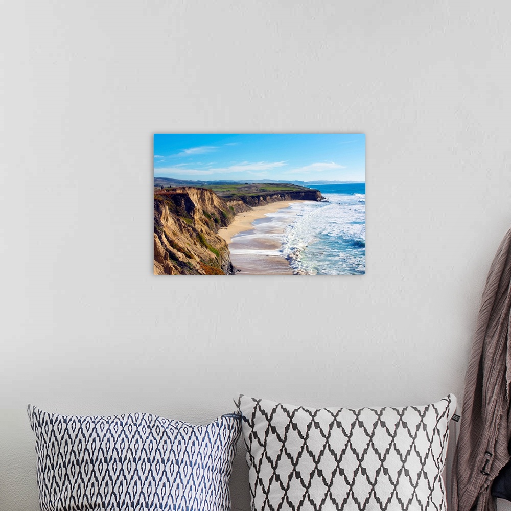 A bohemian room featuring Half Moon Bay California shore ocean cliffs off of the Ritz Golf Course with waves sand at Half M...