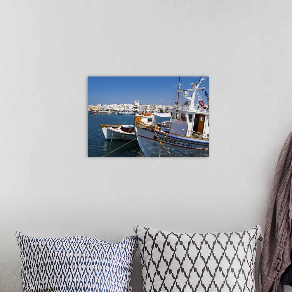 A bohemian room featuring Beautiful island of Paros Greece  in Greek Islands and beautiful harbour and fishing boats in Nao...