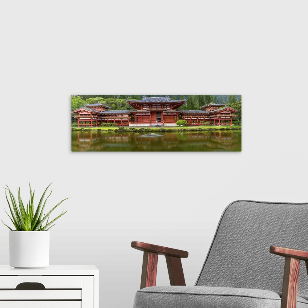 A modern room featuring USA, Hawaii, Oahu, Kaneohe. Byodo-in Buddhist temple in Valley of the Temples Memorial Park; Pano...