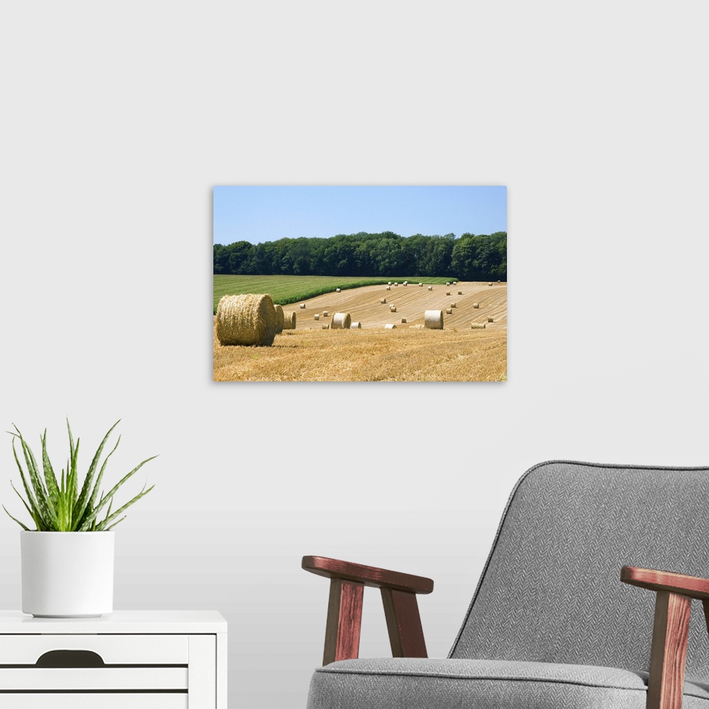 A modern room featuring Hay bales in the french countryside near Vervins in the region of Picardie, France.