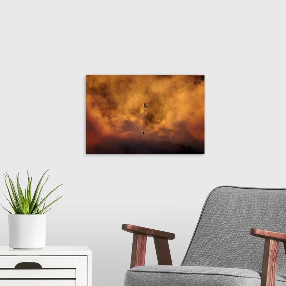 A modern room featuring Smokey sunset and helicopter fighting fire at Burnside, Dunedin, South Island, New Zealand