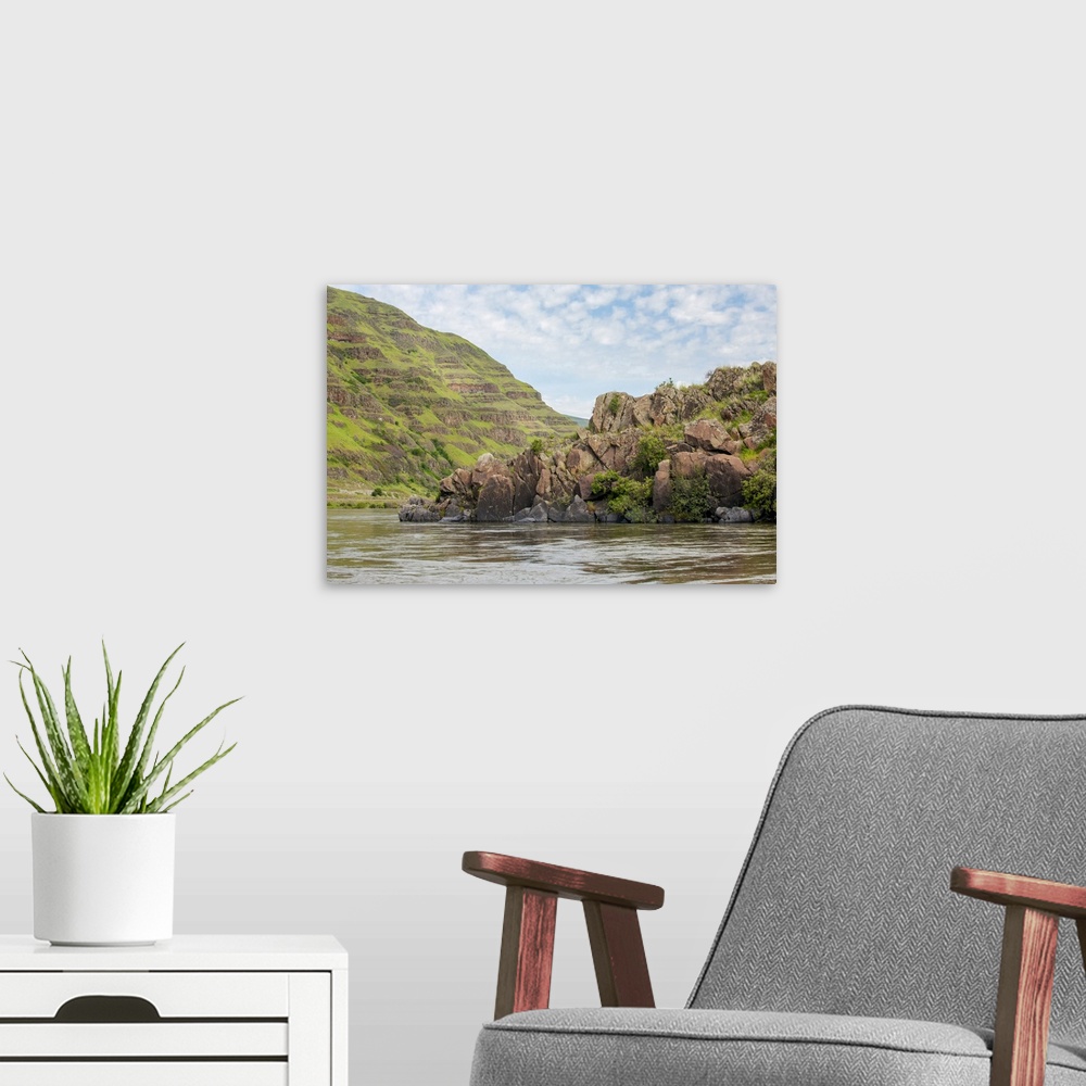 A modern room featuring Hells Canyon National Recreation Area, Washington State, USA. The winding Snake River, with one s...