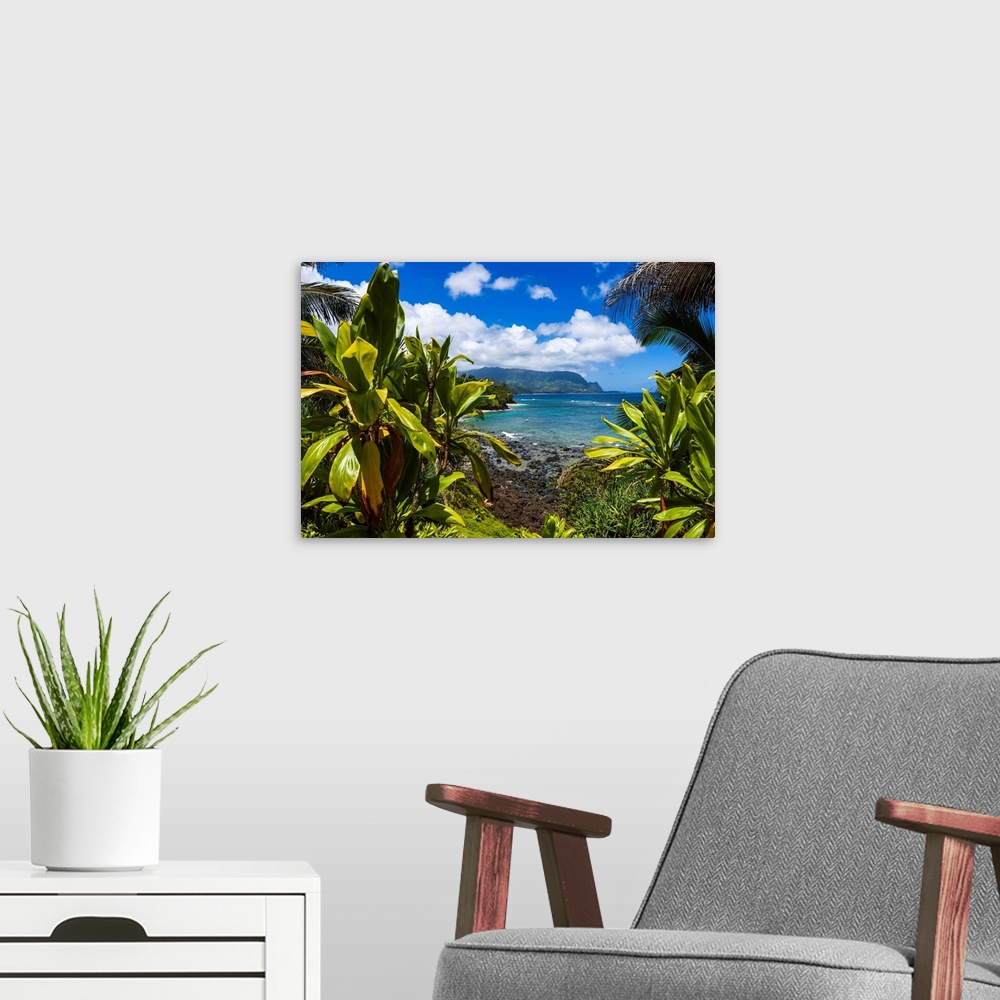 A modern room featuring Hideaways Beach and the Na Pali Coast through tropical foliage, Island of Kauai, Hawaii USA