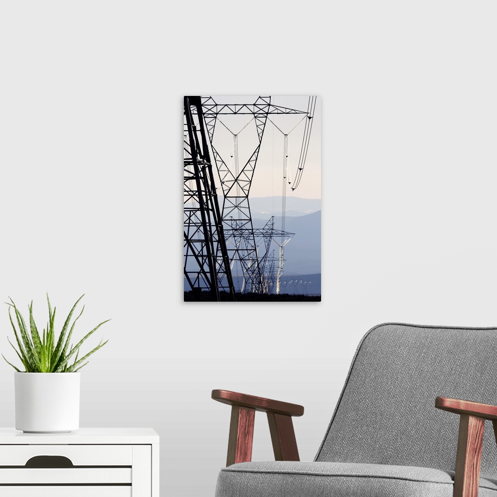 A modern room featuring High voltage electrical transmission powerlines