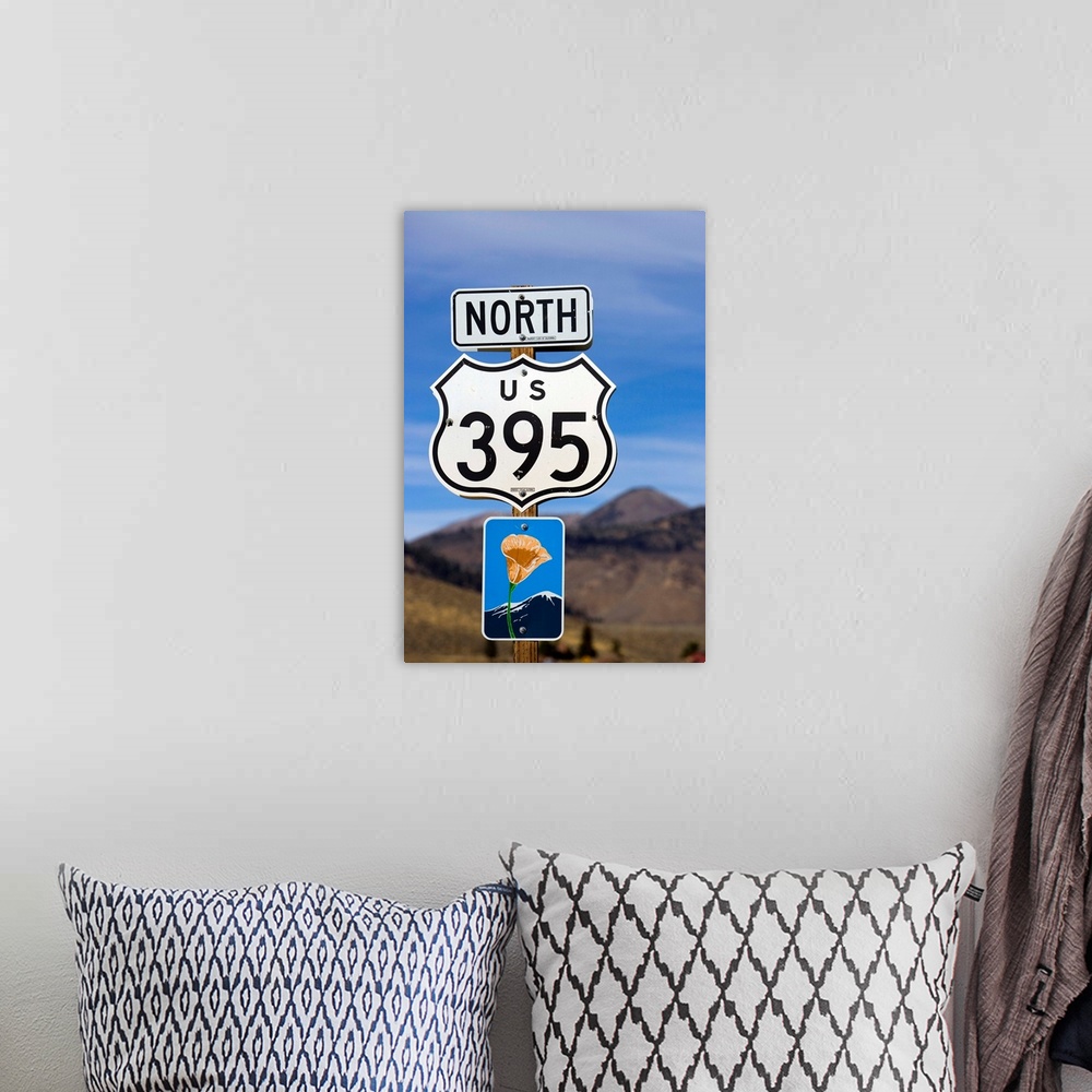 A bohemian room featuring An upward view of a Highway 395 North sign post including a California Scenic Highway sign.