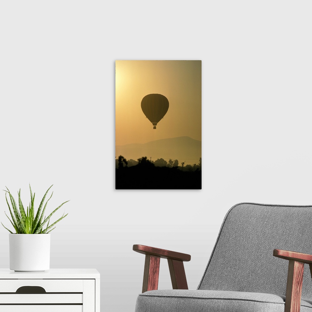 A modern room featuring Hot air balloon lifting over Napa valley at sunrise.