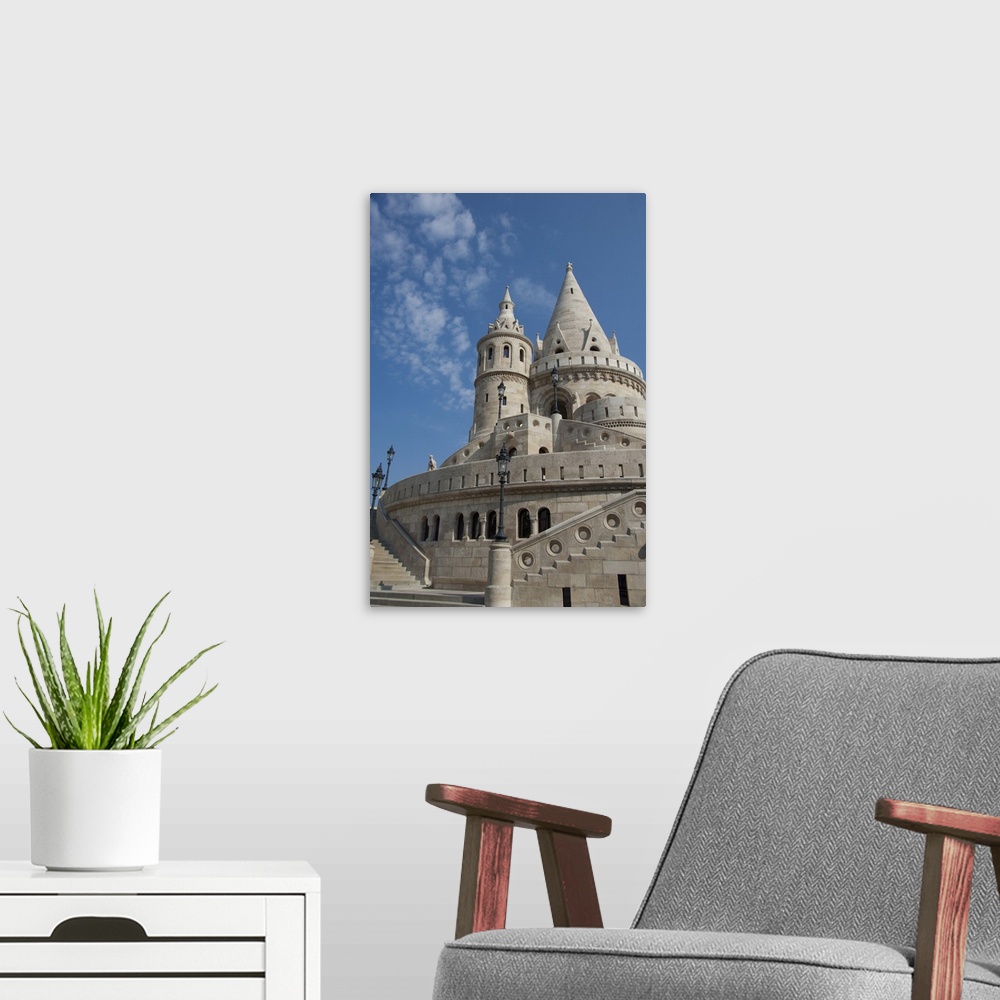 A modern room featuring Hungary, capital city of Budapest. Buda, Castle Hill, castle towers of the Fishermen's Bastion.