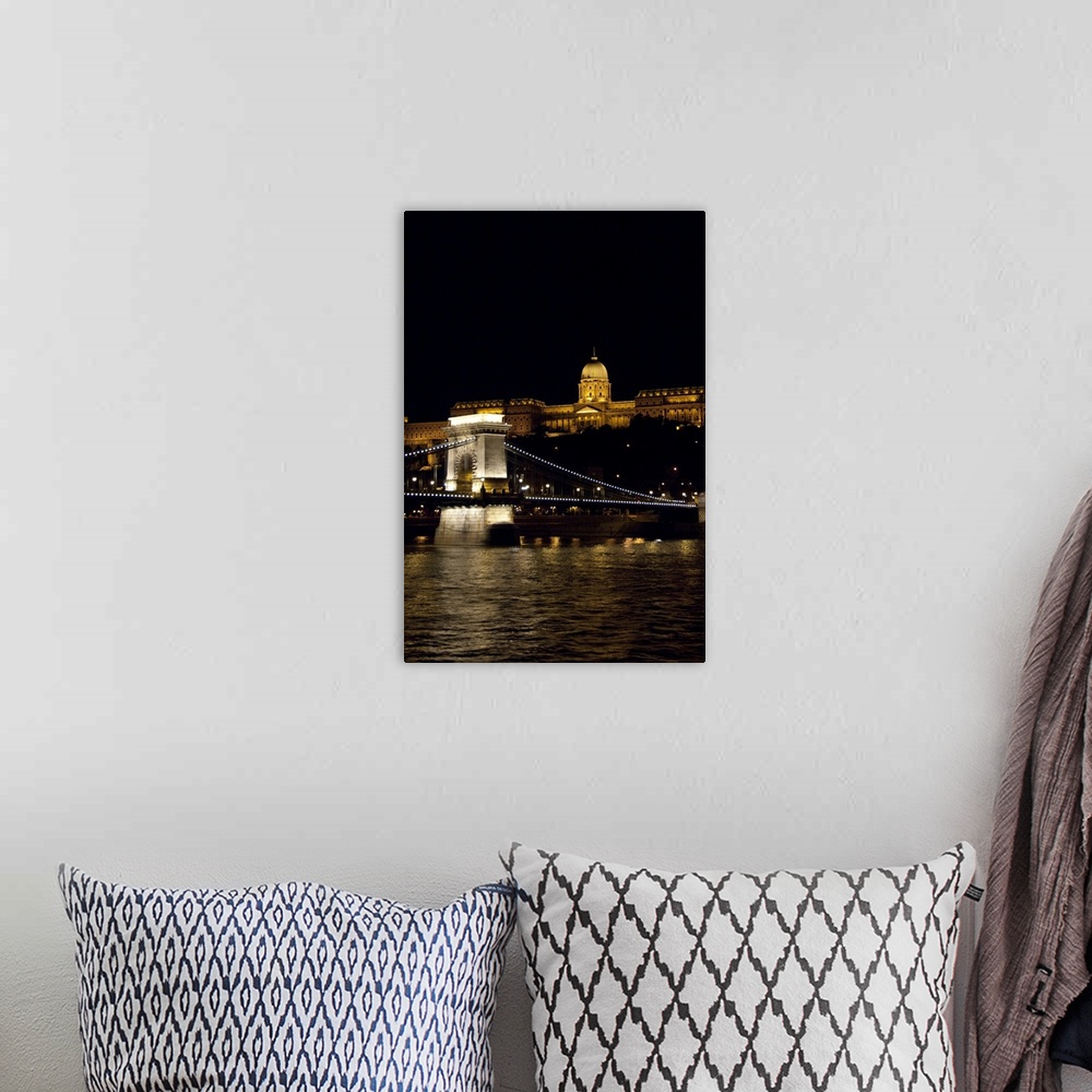 A bohemian room featuring Hungary, Budapest, Buda. Night view of the Castle Hill, Chain Bridge, and the Palace (aka Castle).
