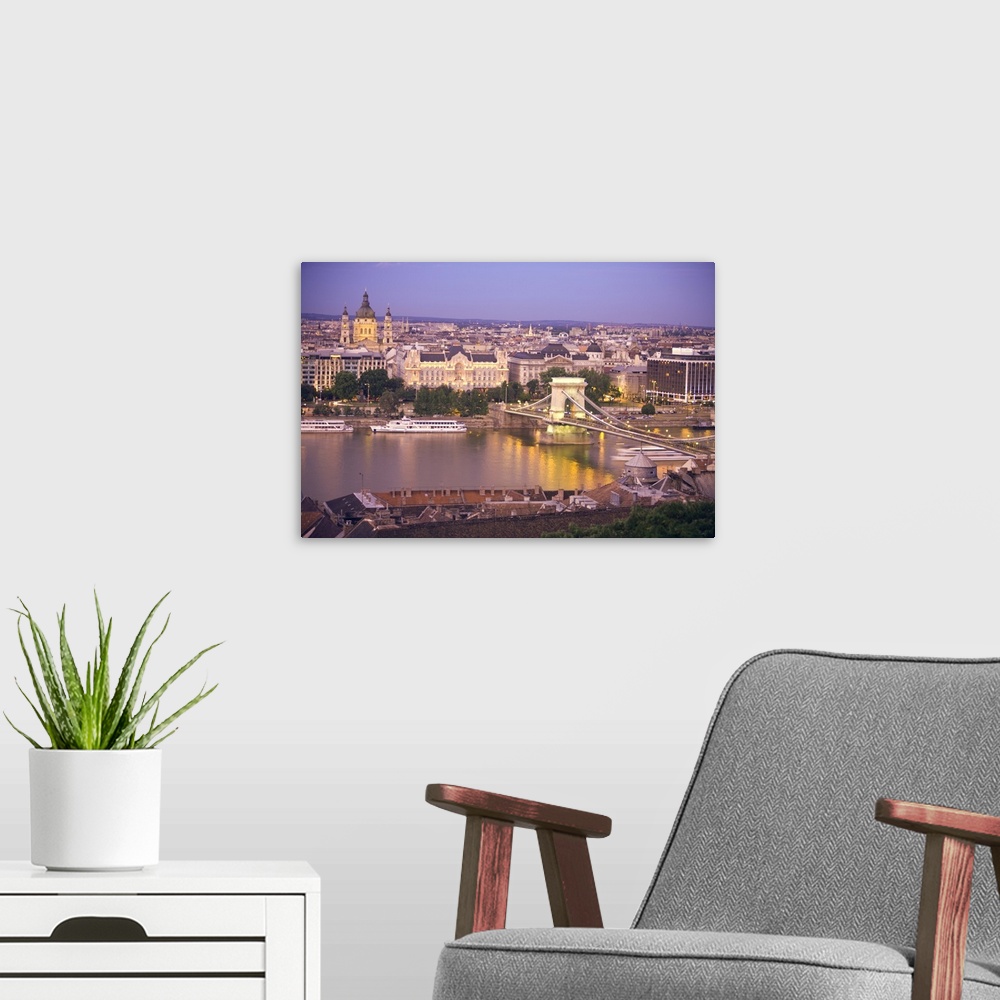 A modern room featuring HUNGARY, Budapest. View of the Sz..chenyi Chain Bridge and St. Stephen's Basilica from Castle Hill.