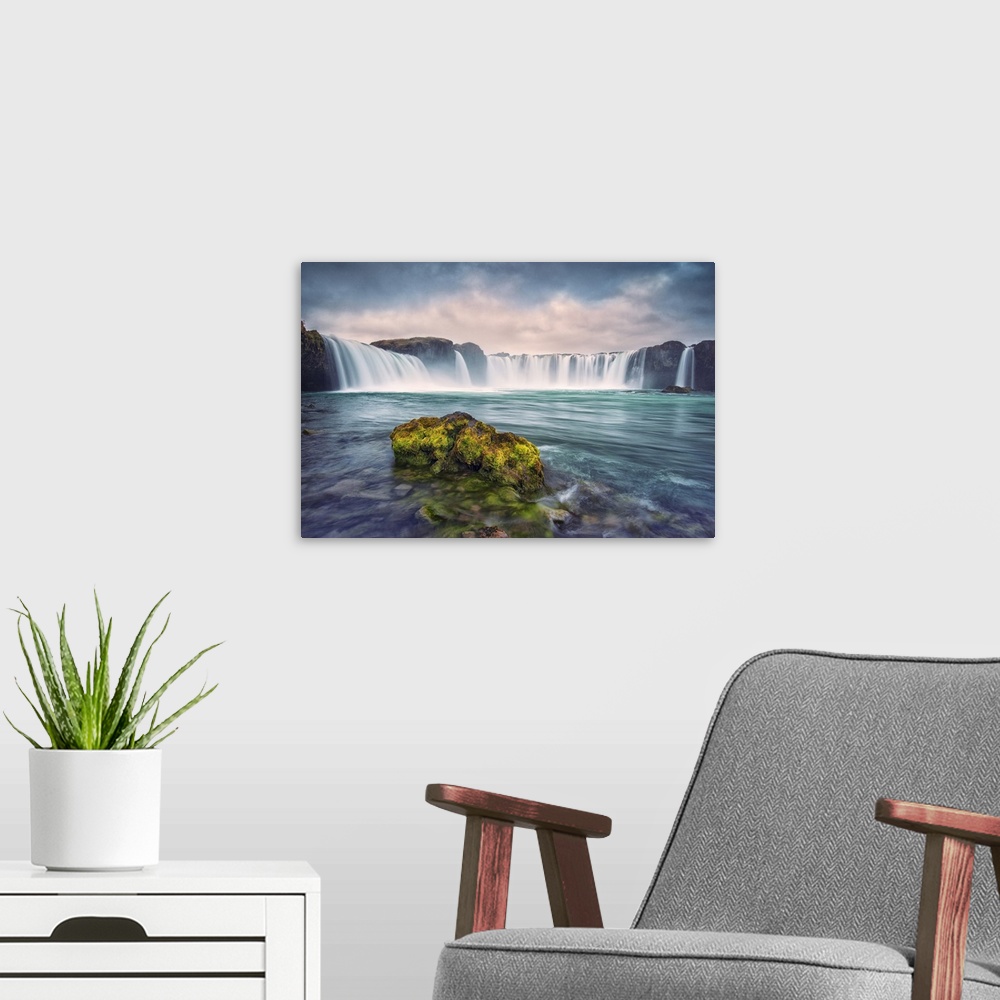 A modern room featuring Iceland, Godafoss. Waterfall at sunrise.