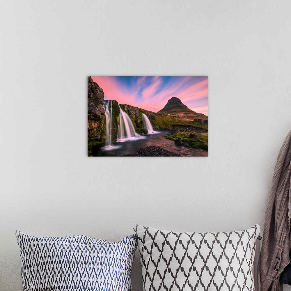 A bohemian room featuring Iceland, Kirkjufellsfoss. Waterfall at sunrise.