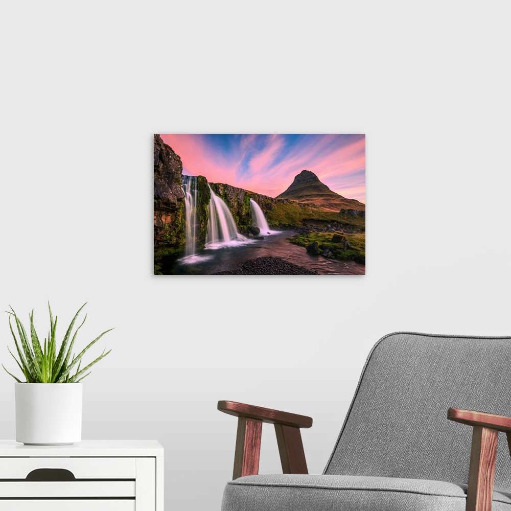 A modern room featuring Iceland, Kirkjufellsfoss. Waterfall at sunrise.