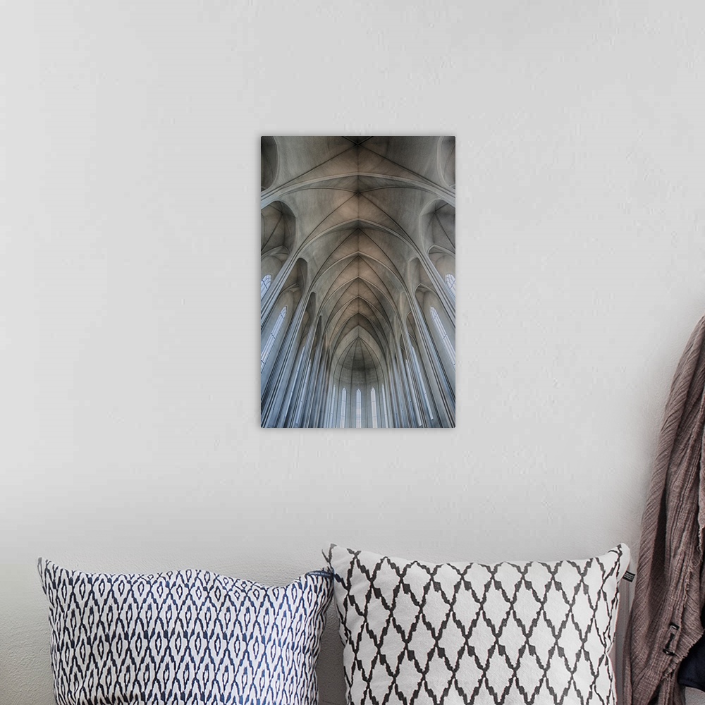 A bohemian room featuring Iceland, Reykjavik, ribbed vaults in the modern Cathedral of Hallgrimskirkja.
