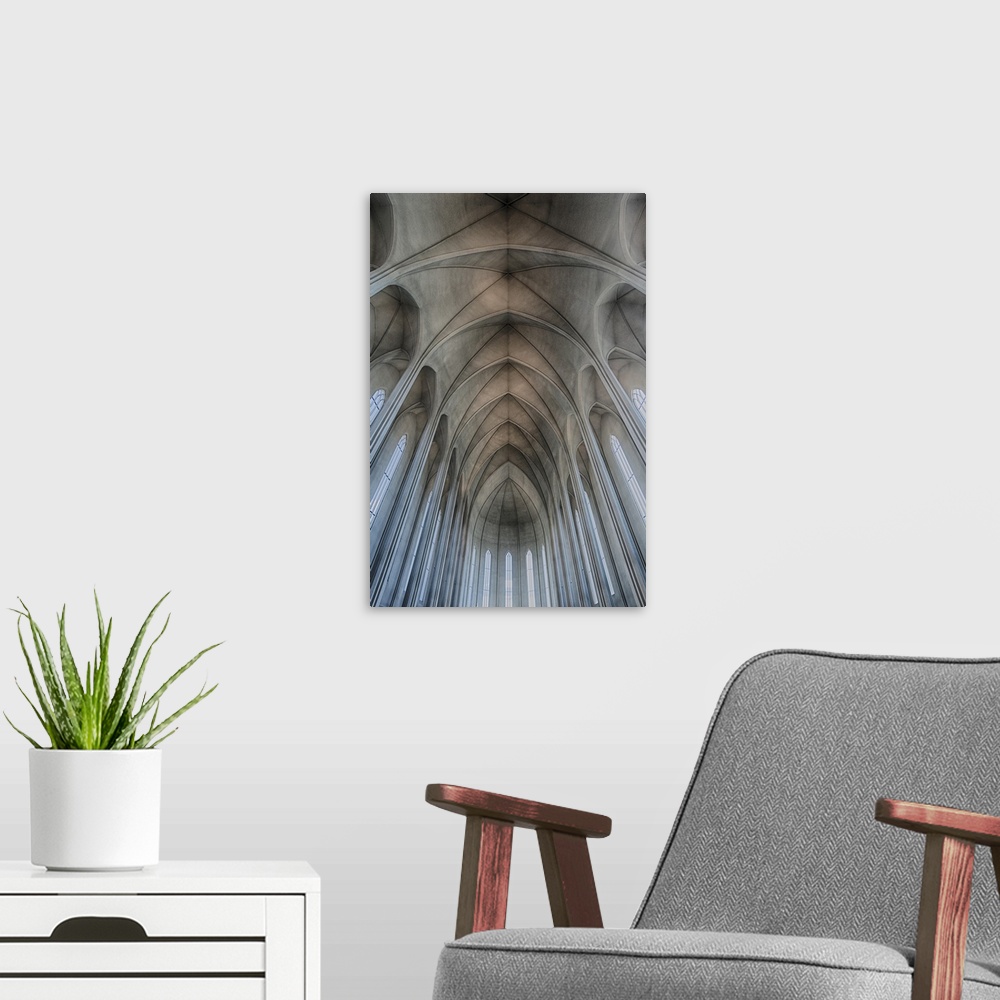 A modern room featuring Iceland, Reykjavik, ribbed vaults in the modern Cathedral of Hallgrimskirkja.
