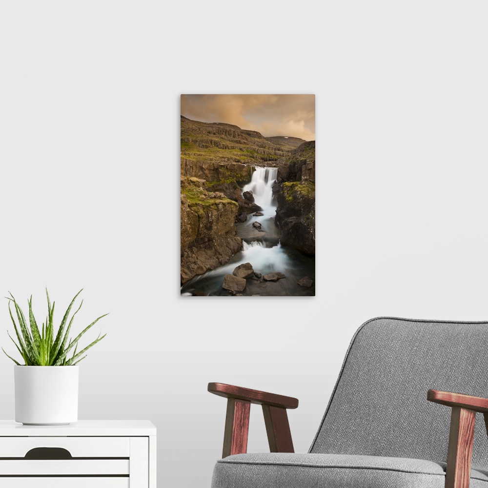 A modern room featuring Europe, Iceland. Waterfall in Berufjordur Fjord. Credit as: Don Grall / Jaynes Gallery / DanitaDe...