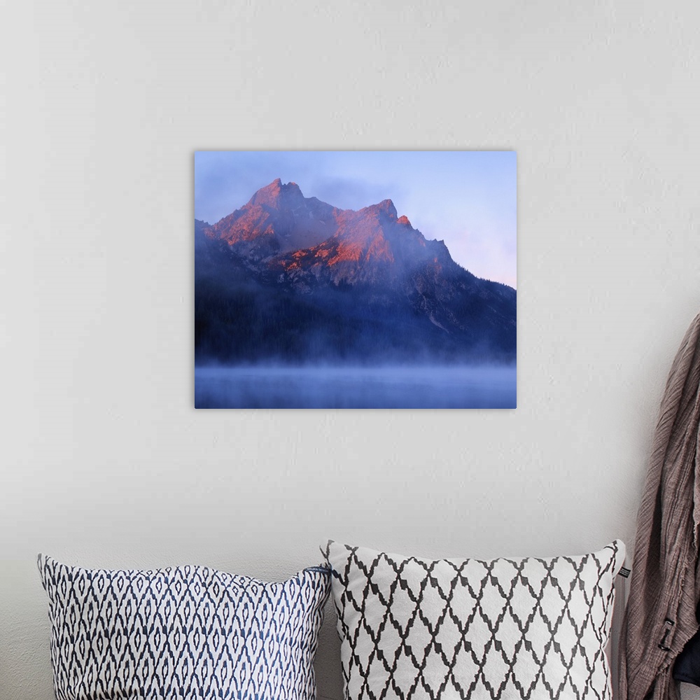 A bohemian room featuring USA, Idaho, Sawtooth Mountains. McGown Peak and Stanley Lake at sunrise.
